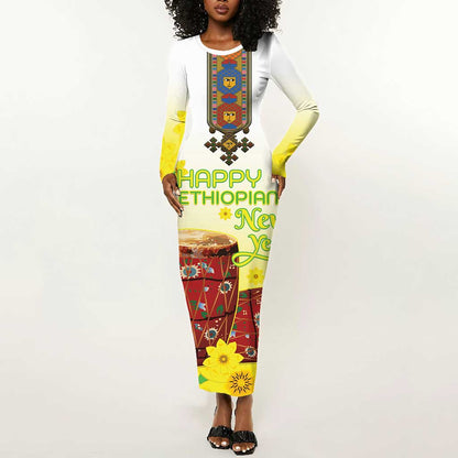 Melkam Enkutatash Ethiopian Long Sleeve Bodycon Dress Kebero Drum With Adey Abeba Flower - African Pride