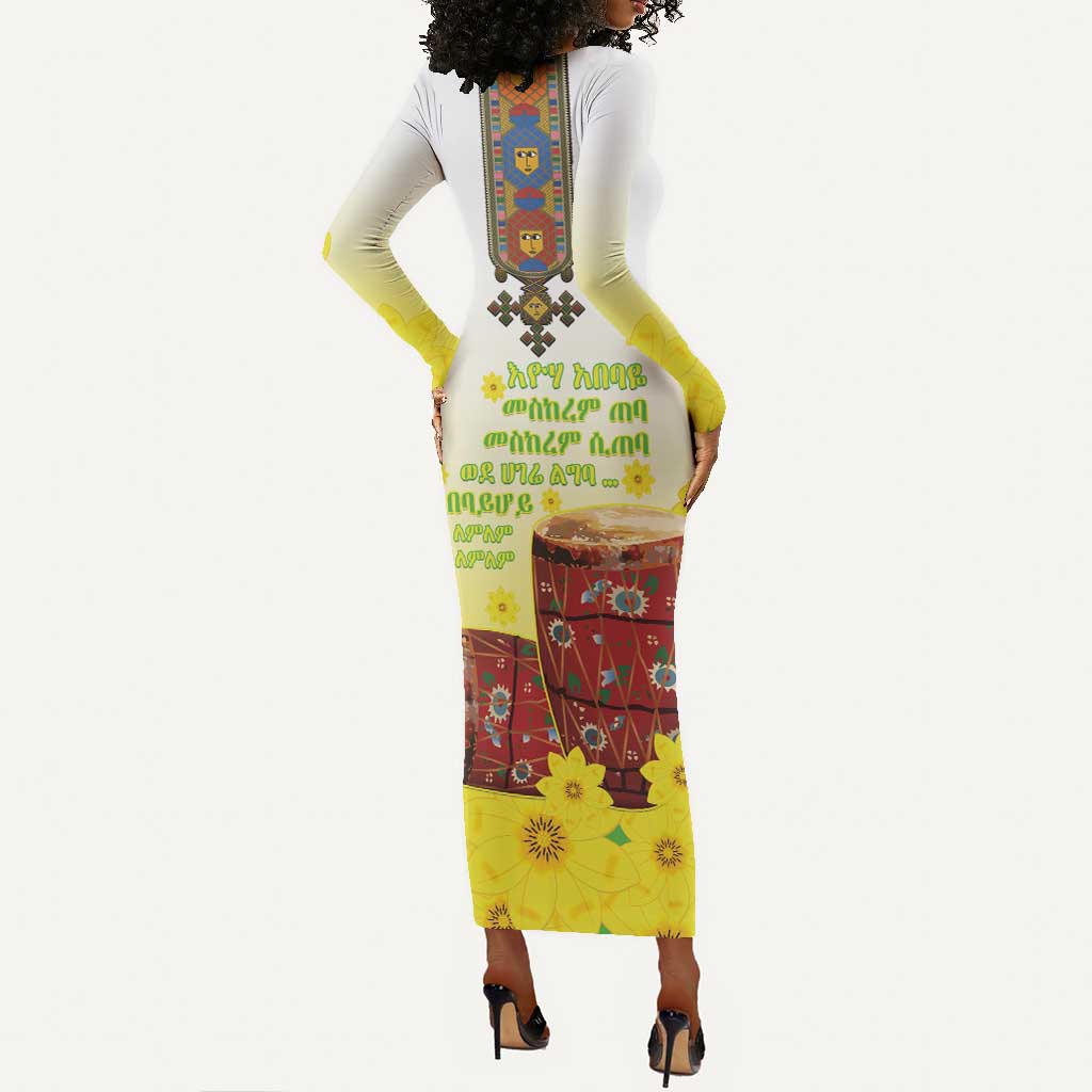 Melkam Enkutatash Ethiopian Long Sleeve Bodycon Dress Kebero Drum With Adey Abeba Flower - African Pride