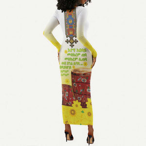 Melkam Enkutatash Ethiopian Long Sleeve Bodycon Dress Kebero Drum With Adey Abeba Flower - African Pride