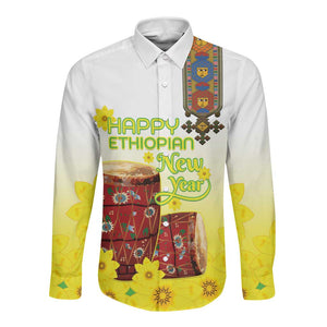 Melkam Enkutatash Ethiopian Long Sleeve Button Shirt Kebero Drum With Adey Abeba Flower - African Pride