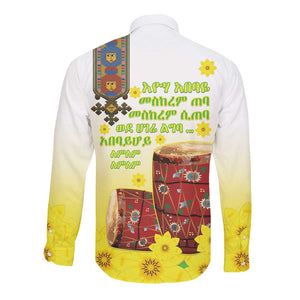 Melkam Enkutatash Ethiopian Long Sleeve Button Shirt Kebero Drum With Adey Abeba Flower - African Pride
