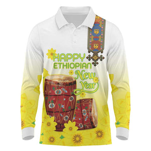 Melkam Enkutatash Ethiopian Long Sleeve Polo Shirt Kebero Drum With Adey Abeba Flower - African Pride