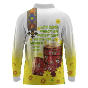 Melkam Enkutatash Ethiopian Long Sleeve Polo Shirt Kebero Drum With Adey Abeba Flower - African Pride