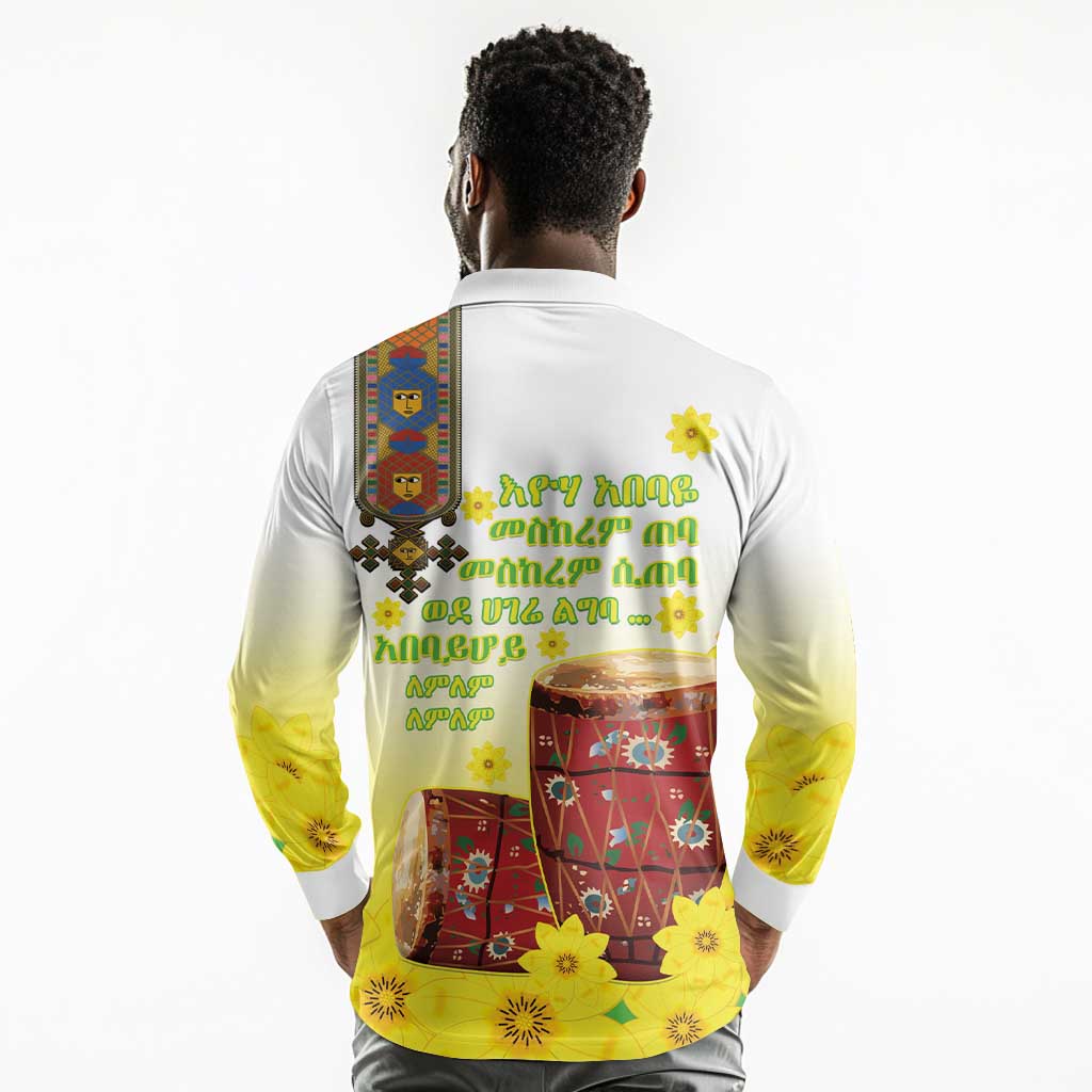 Melkam Enkutatash Ethiopian Long Sleeve Polo Shirt Kebero Drum With Adey Abeba Flower - African Pride