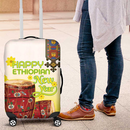 Melkam Enkutatash Ethiopian Luggage Cover Kebero Drum With Adey Abeba Flower - African Pride