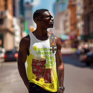 Melkam Enkutatash Ethiopian Men Tank Top Kebero Drum With Adey Abeba Flower - African Pride