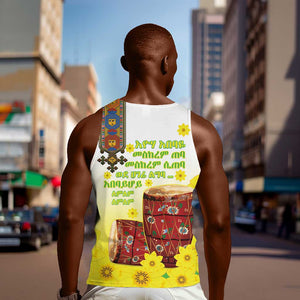 Melkam Enkutatash Ethiopian Men Tank Top Kebero Drum With Adey Abeba Flower - African Pride