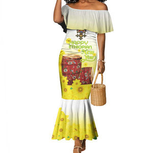 Melkam Enkutatash Ethiopian Mermaid Dress Kebero Drum With Adey Abeba Flower - African Pride