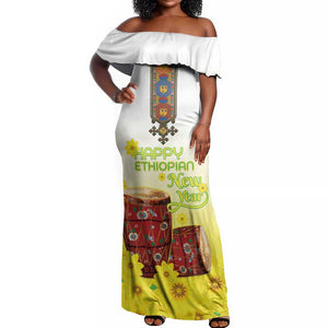 Melkam Enkutatash Ethiopian Off Shoulder Maxi Dress Kebero Drum With Adey Abeba Flower - African Pride