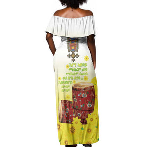 Melkam Enkutatash Ethiopian Off Shoulder Maxi Dress Kebero Drum With Adey Abeba Flower - African Pride