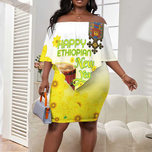 Melkam Enkutatash Ethiopian Off Shoulder Short Dress Kebero Drum With Adey Abeba Flower - African Pride