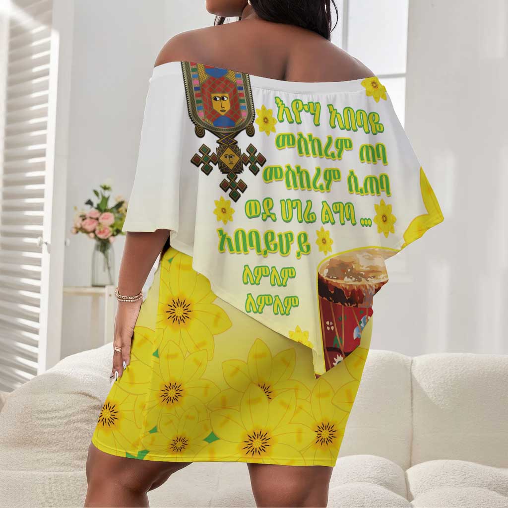 Melkam Enkutatash Ethiopian Off Shoulder Short Dress Kebero Drum With Adey Abeba Flower - African Pride