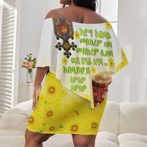 Melkam Enkutatash Ethiopian Off Shoulder Short Dress Kebero Drum With Adey Abeba Flower - African Pride
