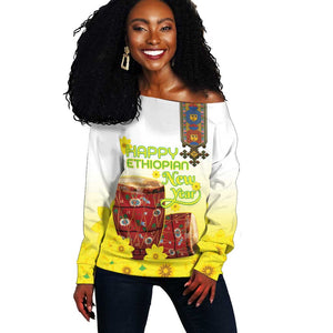 Melkam Enkutatash Ethiopian Off Shoulder Sweater Kebero Drum With Adey Abeba Flower - African Pride