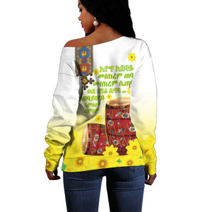 Melkam Enkutatash Ethiopian Off Shoulder Sweater Kebero Drum With Adey Abeba Flower - African Pride