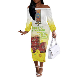 Melkam Enkutatash Ethiopian Off The Shoulder Long Sleeve Dress Kebero Drum With Adey Abeba Flower - African Pride