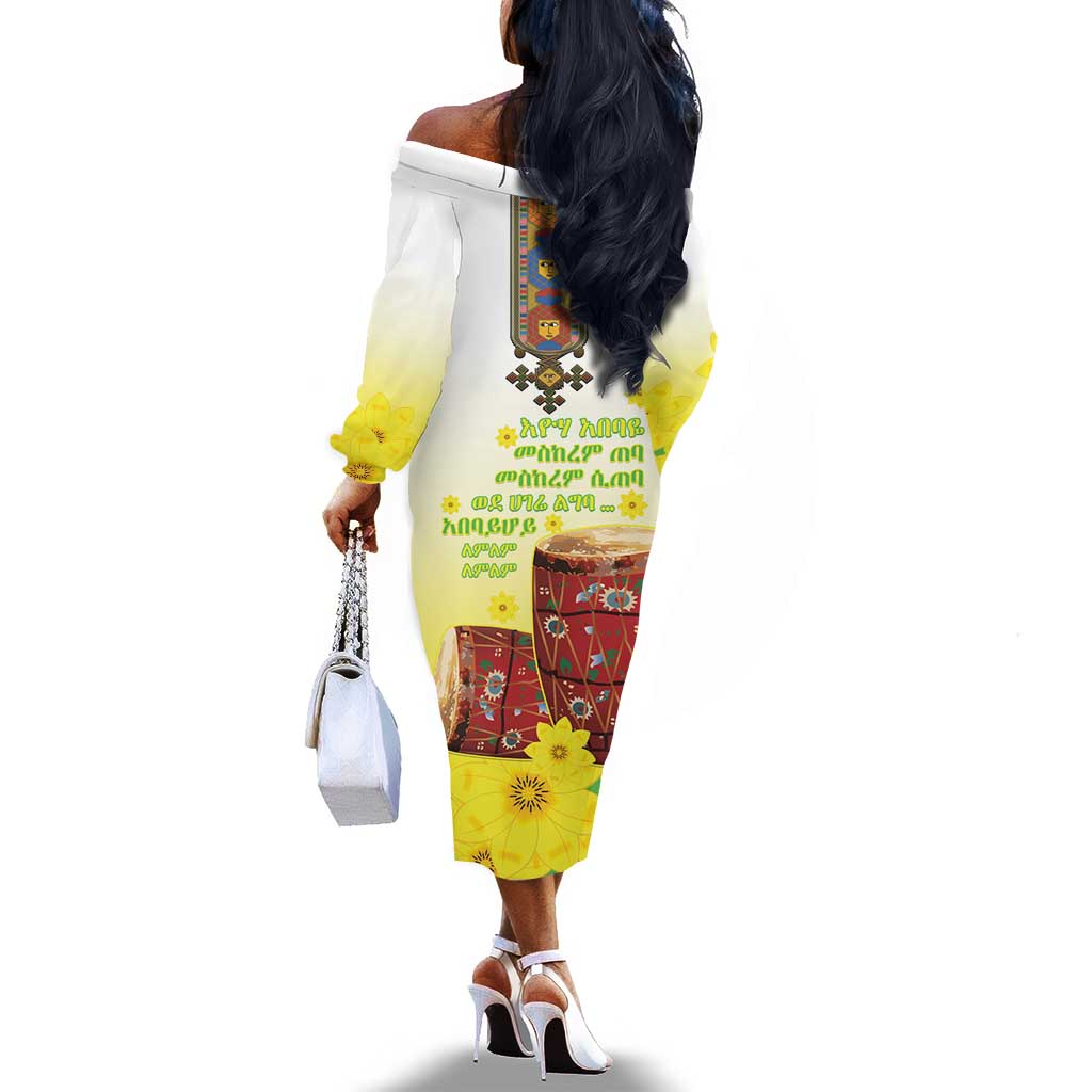 Melkam Enkutatash Ethiopian Off The Shoulder Long Sleeve Dress Kebero Drum With Adey Abeba Flower - African Pride