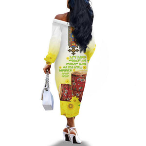 Melkam Enkutatash Ethiopian Off The Shoulder Long Sleeve Dress Kebero Drum With Adey Abeba Flower - African Pride