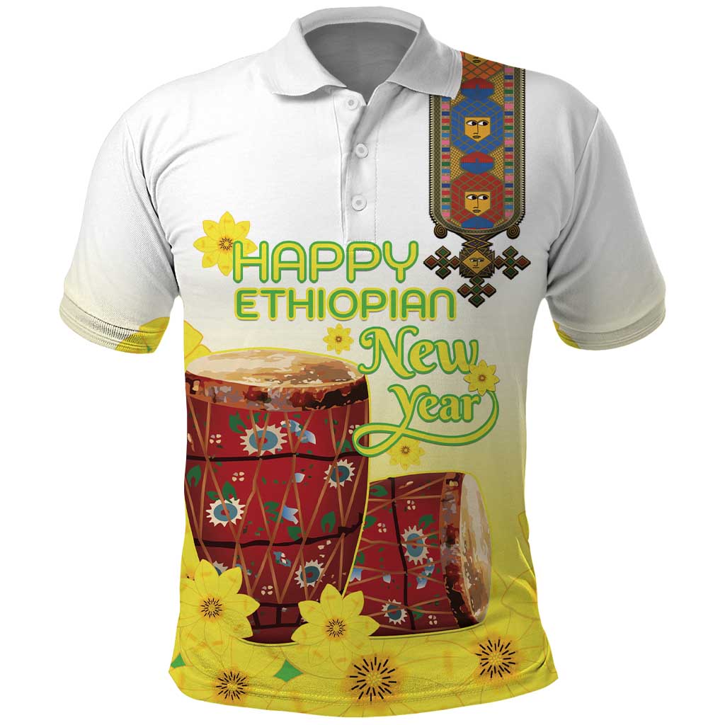 Melkam Enkutatash Ethiopian Polo Shirt Kebero Drum With Adey Abeba Flower - African Pride