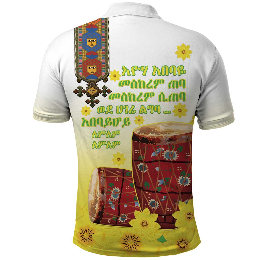 Melkam Enkutatash Ethiopian Polo Shirt Kebero Drum With Adey Abeba Flower - African Pride