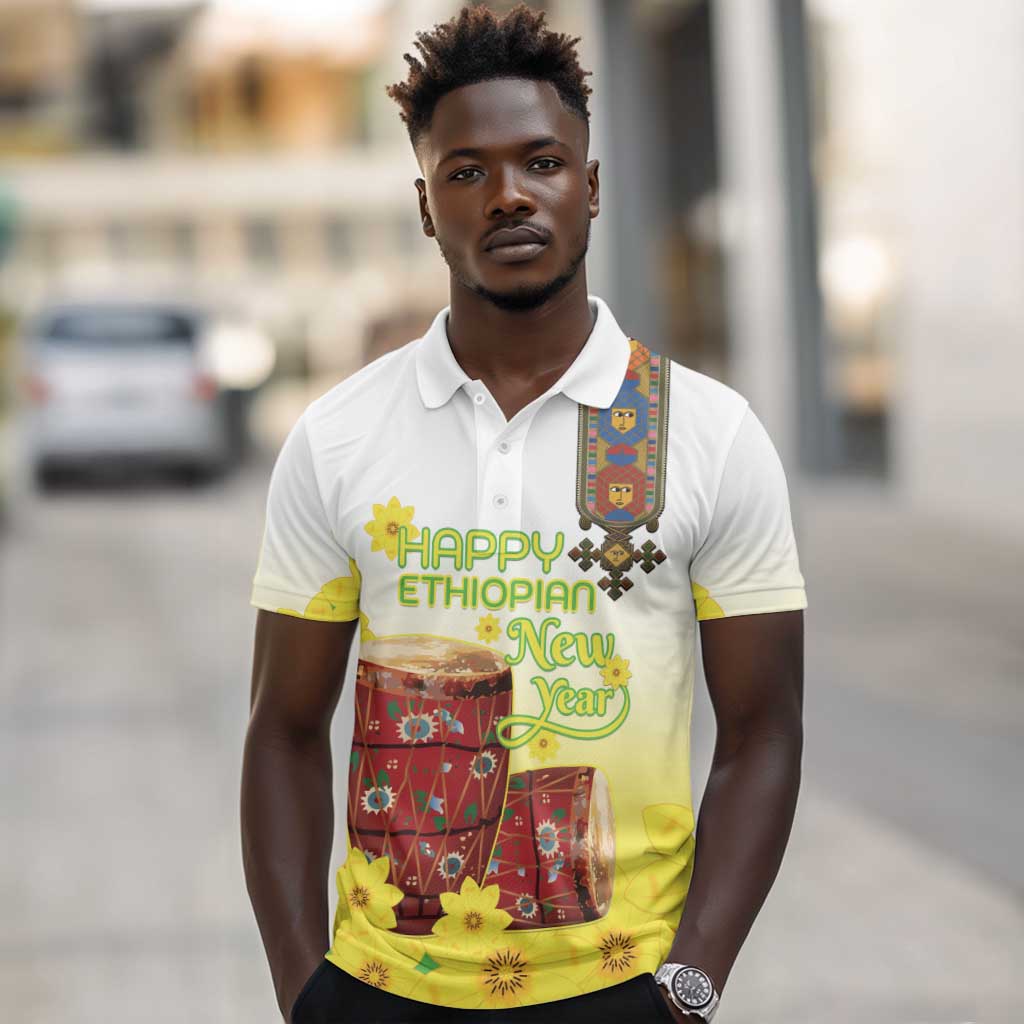 Melkam Enkutatash Ethiopian Polo Shirt Kebero Drum With Adey Abeba Flower - African Pride