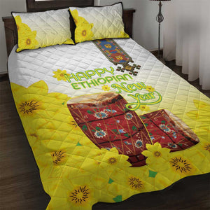 Melkam Enkutatash Ethiopian Quilt Bed Set Kebero Drum With Adey Abeba Flower - African Pride