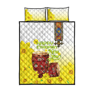 Melkam Enkutatash Ethiopian Quilt Bed Set Kebero Drum With Adey Abeba Flower - African Pride