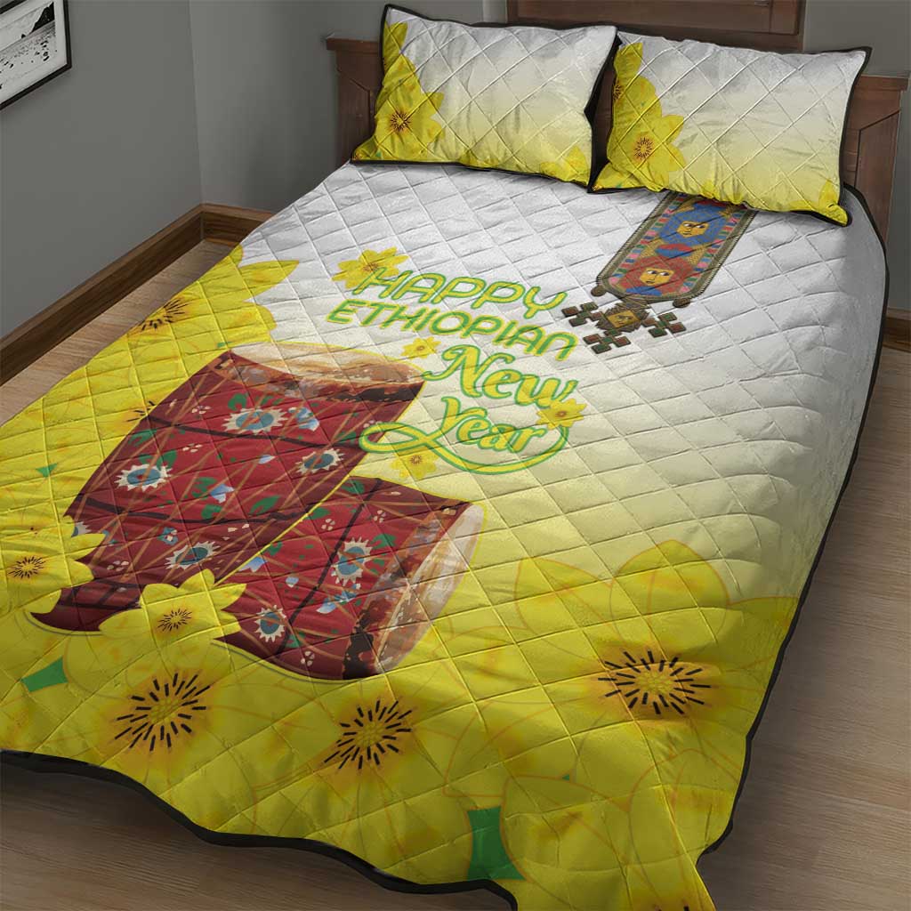 Melkam Enkutatash Ethiopian Quilt Bed Set Kebero Drum With Adey Abeba Flower - African Pride