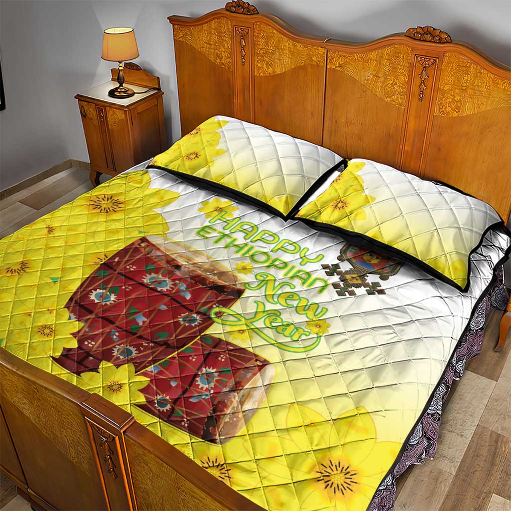 Melkam Enkutatash Ethiopian Quilt Bed Set Kebero Drum With Adey Abeba Flower - African Pride