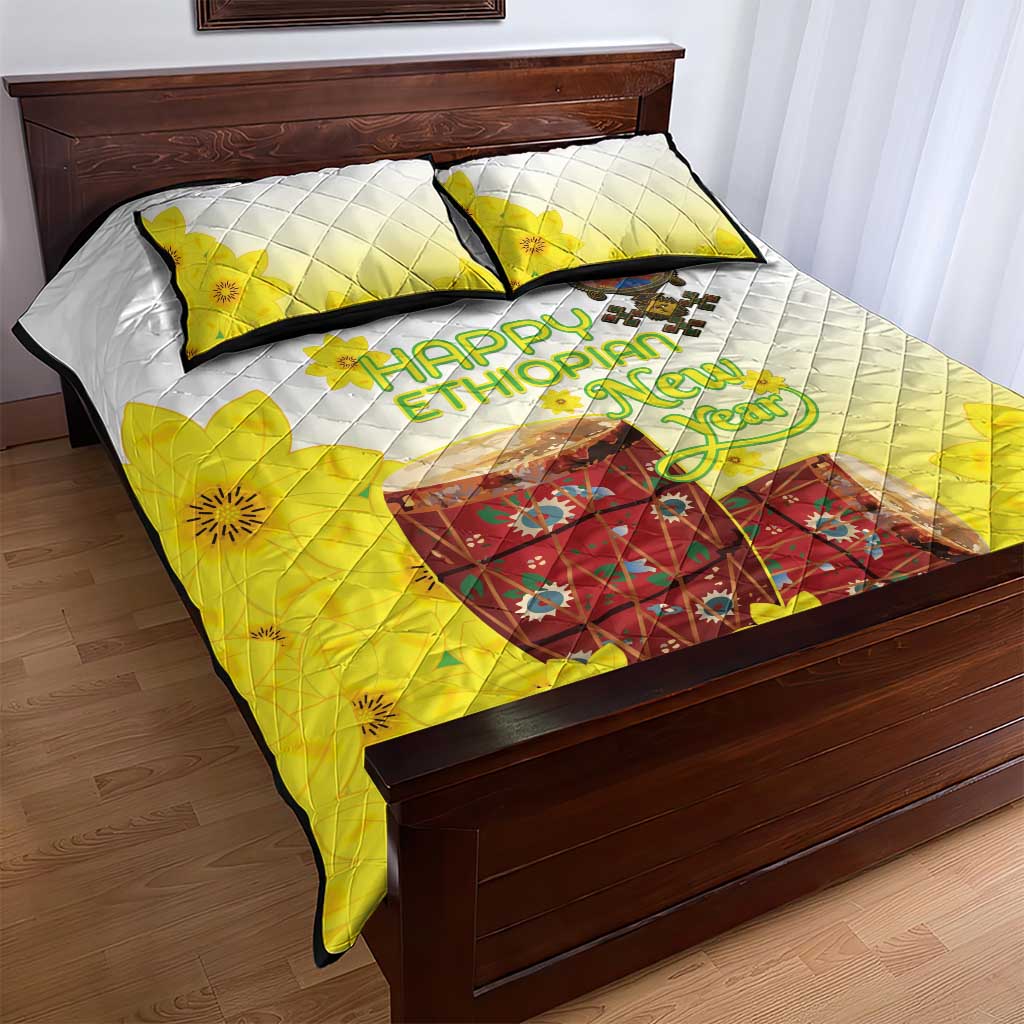 Melkam Enkutatash Ethiopian Quilt Bed Set Kebero Drum With Adey Abeba Flower - African Pride