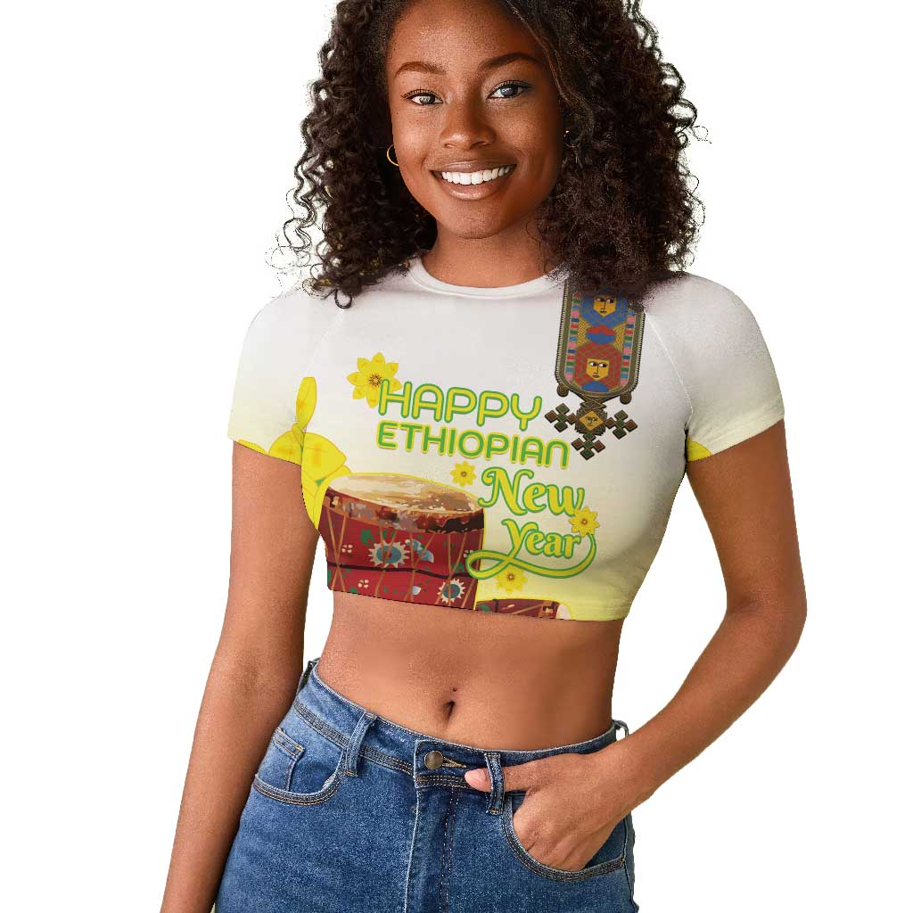 Melkam Enkutatash Ethiopian Raglan Cropped T shirt Kebero Drum With Adey Abeba Flower - African Pride
