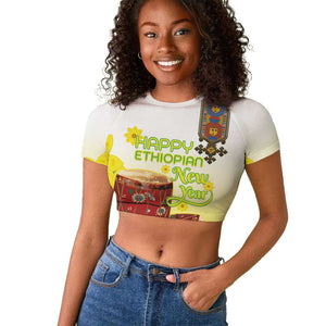 Melkam Enkutatash Ethiopian Raglan Cropped T shirt Kebero Drum With Adey Abeba Flower - African Pride