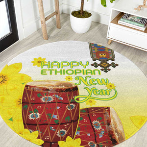Melkam Enkutatash Ethiopian Round Carpet Kebero Drum With Adey Abeba Flower - African Pride