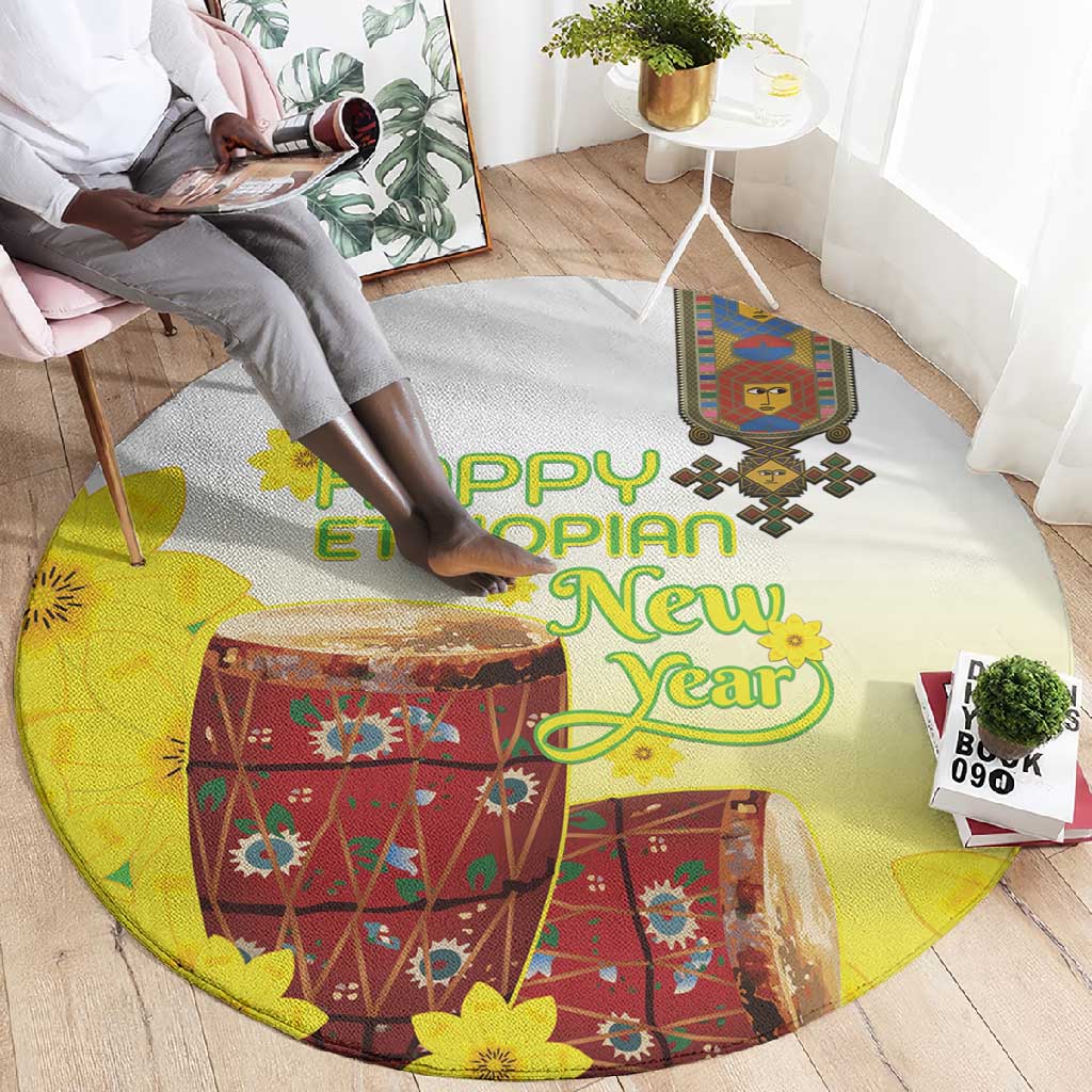 Melkam Enkutatash Ethiopian Round Carpet Kebero Drum With Adey Abeba Flower - African Pride