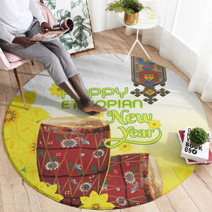 Melkam Enkutatash Ethiopian Round Carpet Kebero Drum With Adey Abeba Flower - African Pride