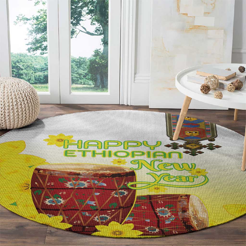 Melkam Enkutatash Ethiopian Round Carpet Kebero Drum With Adey Abeba Flower - African Pride