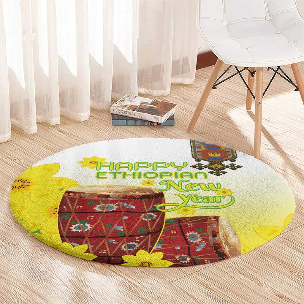 Melkam Enkutatash Ethiopian Round Carpet Kebero Drum With Adey Abeba Flower - African Pride
