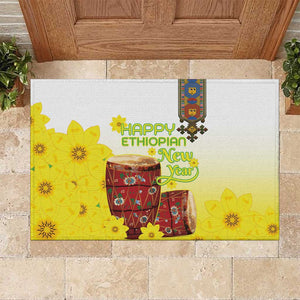 Melkam Enkutatash Ethiopian Rubber Doormat Kebero Drum With Adey Abeba Flower - African Pride