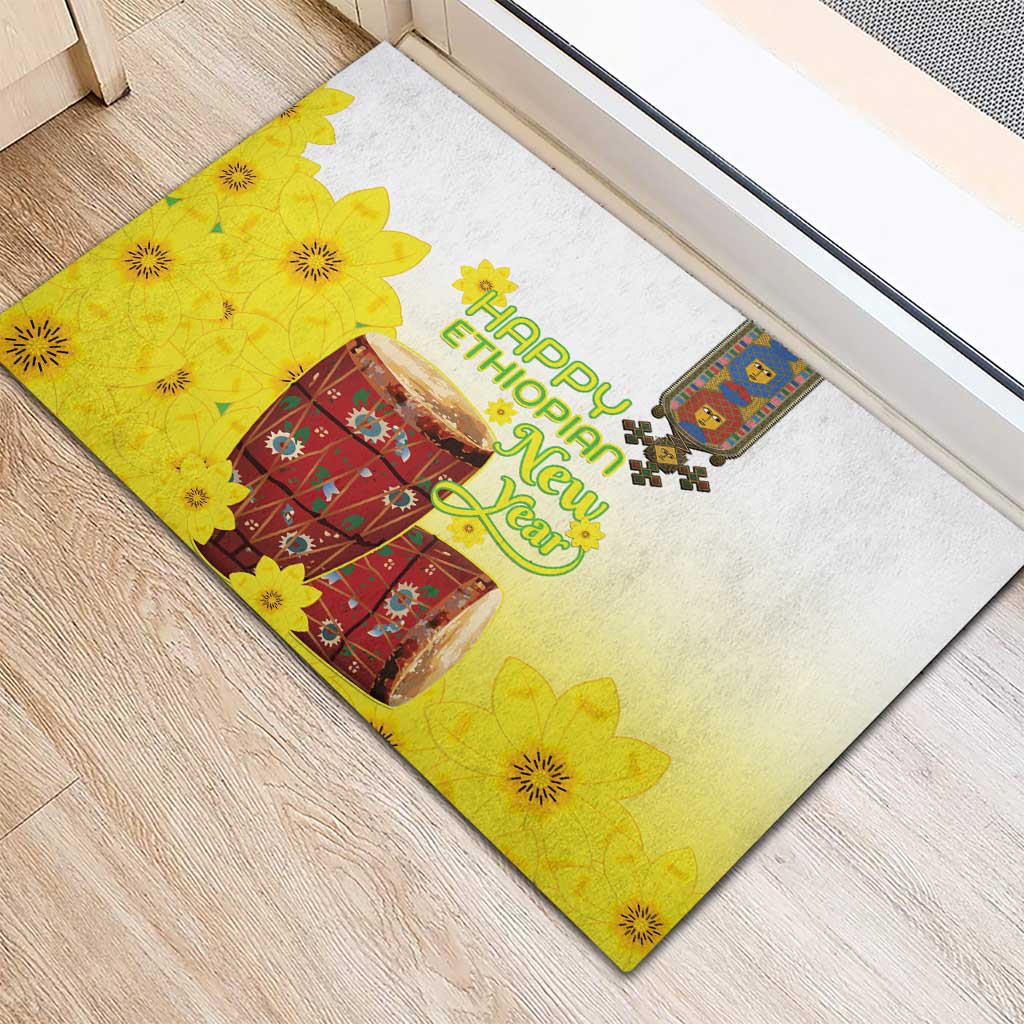 Melkam Enkutatash Ethiopian Rubber Doormat Kebero Drum With Adey Abeba Flower - African Pride