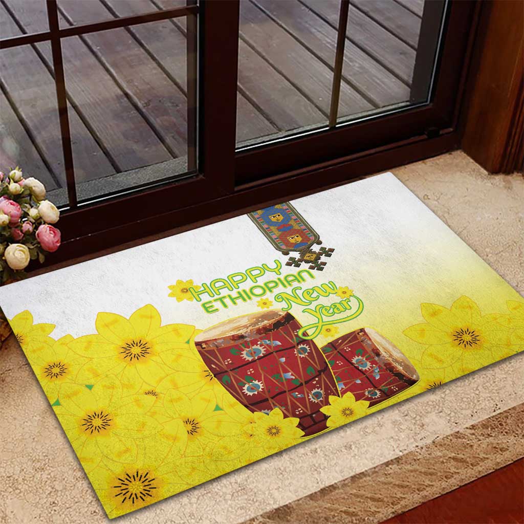 Melkam Enkutatash Ethiopian Rubber Doormat Kebero Drum With Adey Abeba Flower - African Pride