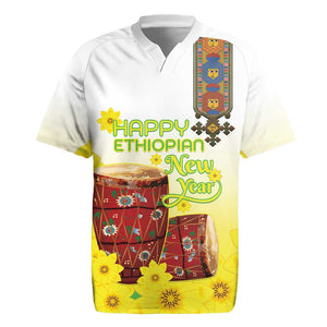 Melkam Enkutatash Ethiopian Rugby Jersey Kebero Drum With Adey Abeba Flower - African Pride