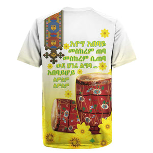 Melkam Enkutatash Ethiopian Rugby Jersey Kebero Drum With Adey Abeba Flower - African Pride