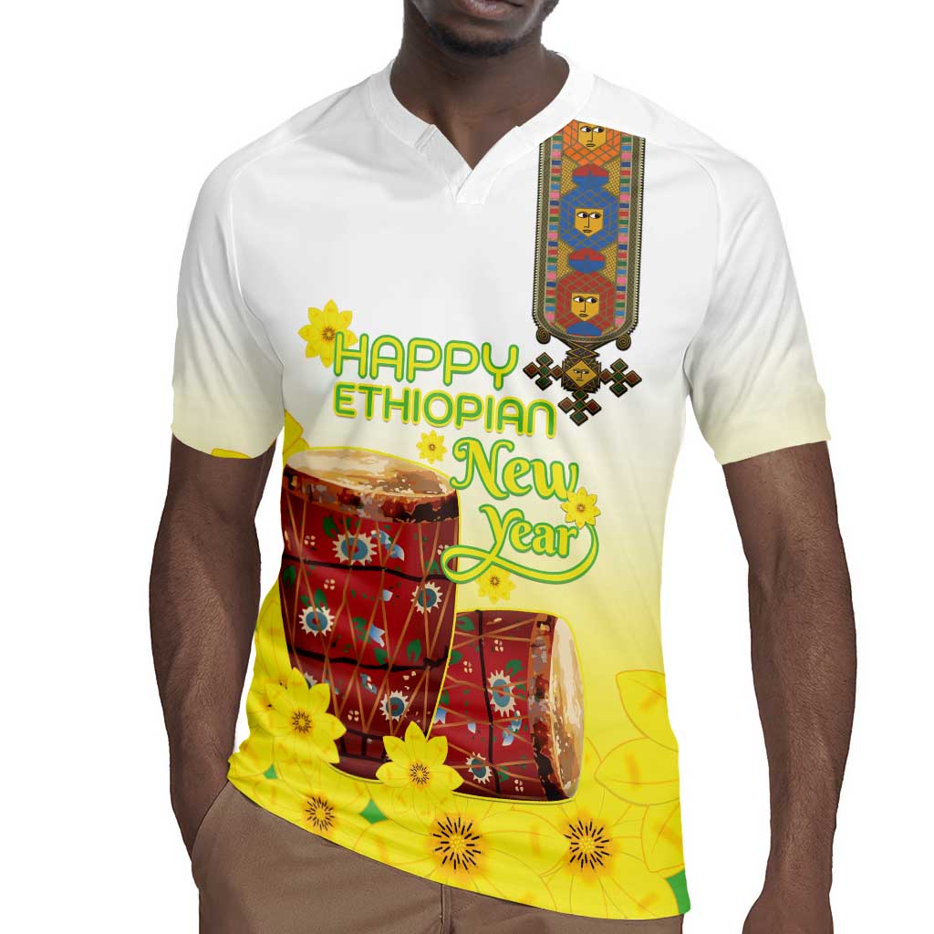 Melkam Enkutatash Ethiopian Rugby Jersey Kebero Drum With Adey Abeba Flower - African Pride