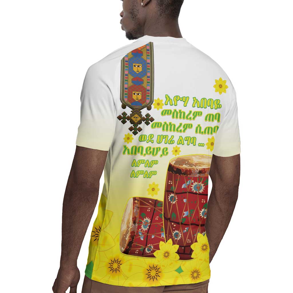Melkam Enkutatash Ethiopian Rugby Jersey Kebero Drum With Adey Abeba Flower - African Pride