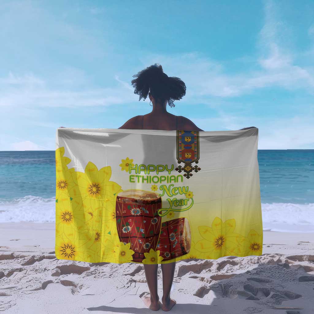 Melkam Enkutatash Ethiopian Sarong Kebero Drum With Adey Abeba Flower - African Pride