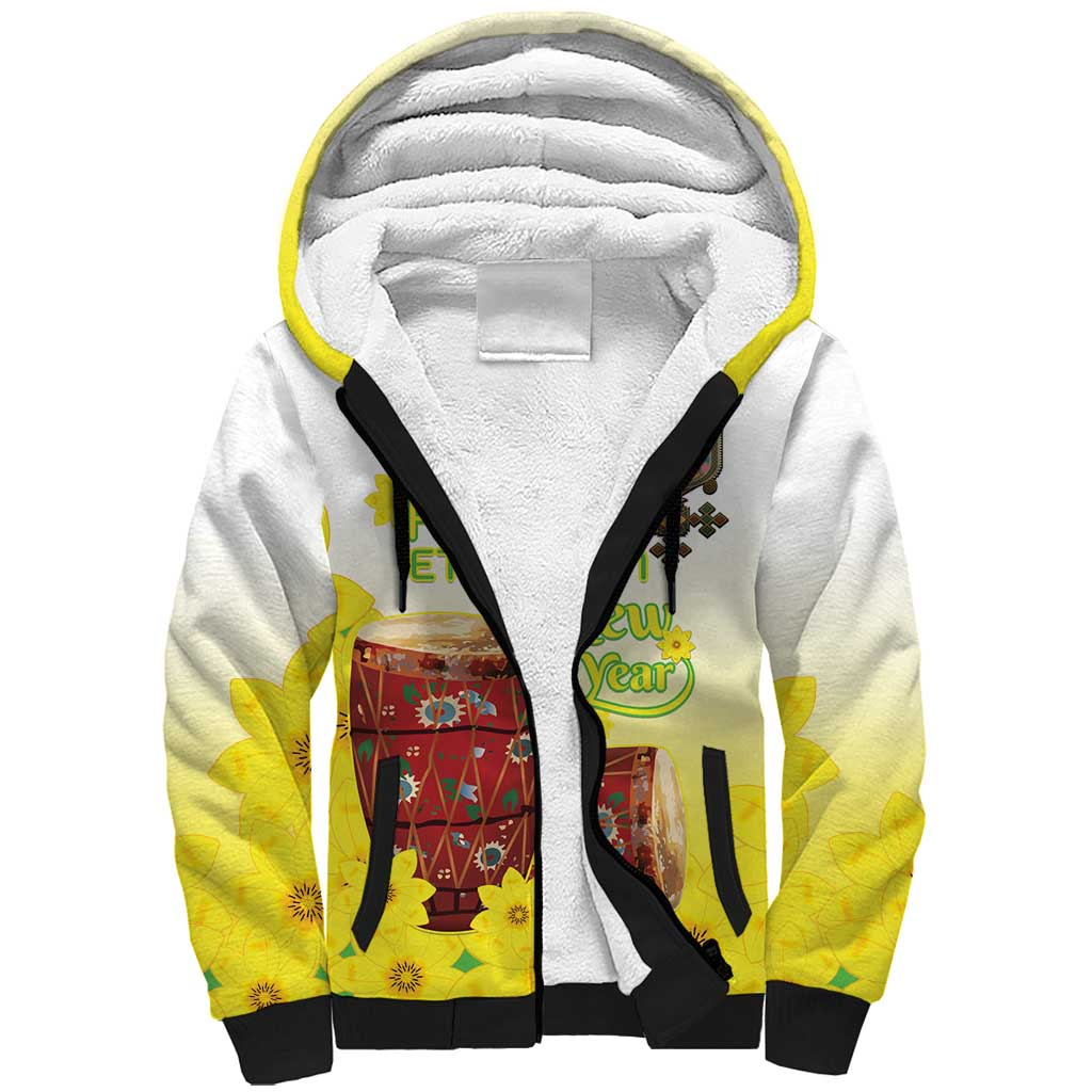 Melkam Enkutatash Ethiopian Sherpa Hoodie Kebero Drum With Adey Abeba Flower - African Pride