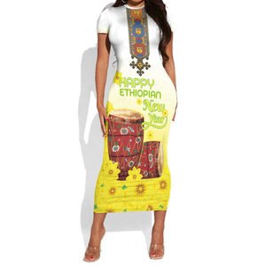 Melkam Enkutatash Ethiopian Short Sleeve Bodycon Dress Kebero Drum With Adey Abeba Flower - African Pride