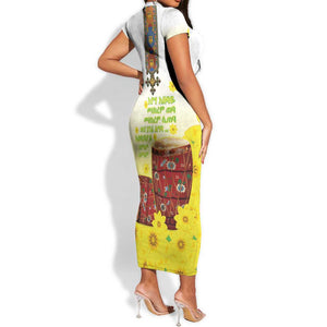 Melkam Enkutatash Ethiopian Short Sleeve Bodycon Dress Kebero Drum With Adey Abeba Flower - African Pride