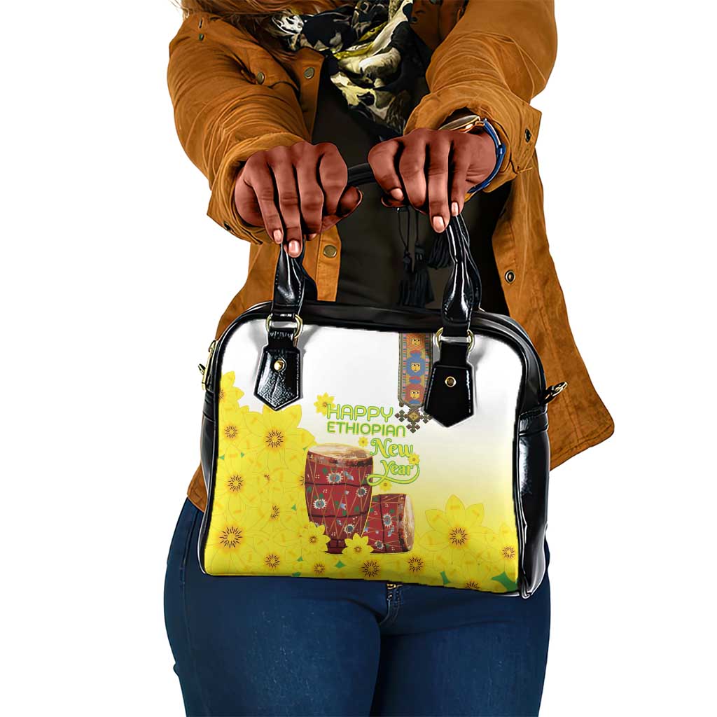 Melkam Enkutatash Ethiopian Shoulder Handbag Kebero Drum With Adey Abeba Flower - African Pride