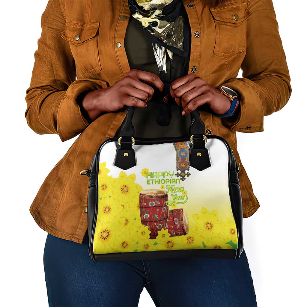 Melkam Enkutatash Ethiopian Shoulder Handbag Kebero Drum With Adey Abeba Flower - African Pride